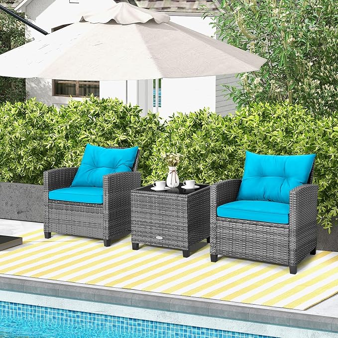 HAPPYGRILL 3 Pieces Patio Conversation Set, Outdoor Furniture Set PE Rattan