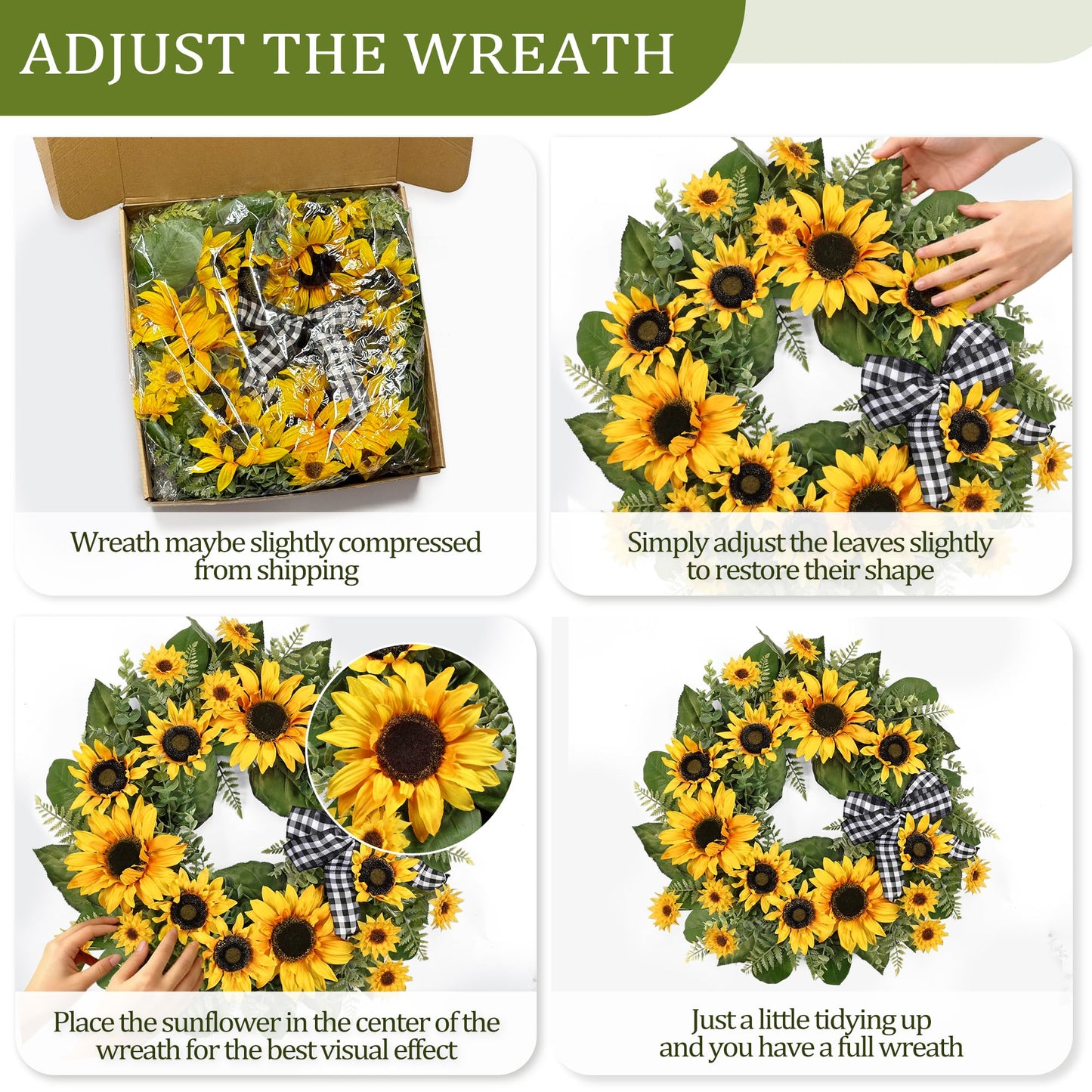 24 Inch Large Sunflower Spring Summer Wreath for Front Door, All Season Wreath with Bow Wreaths for Unique Housewarming Gift, Porch Wall Farmhouse Home Wedding Holiday Decor