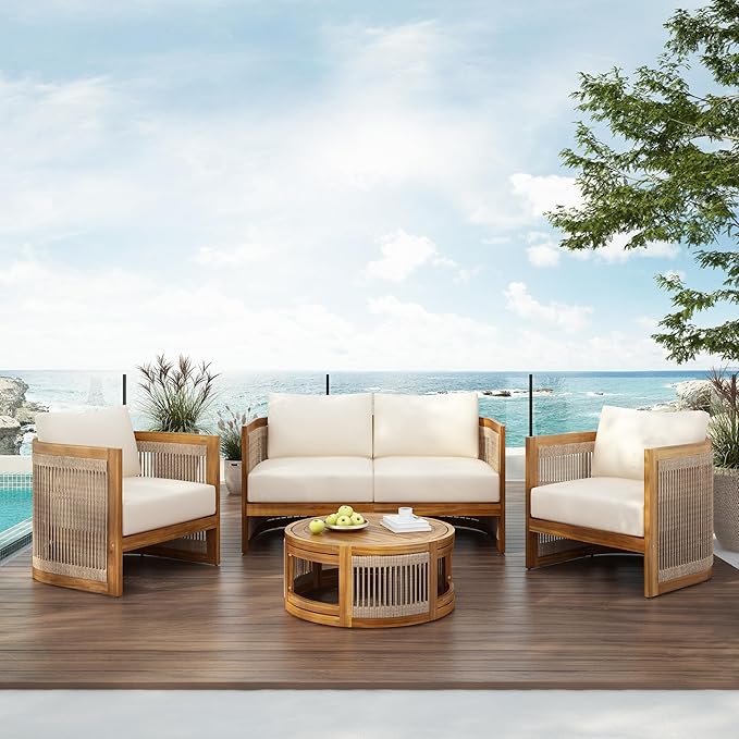 Christopher Knight Home Nesbit 4 Pieces Conversation Set, Acacia Wood Chat Set