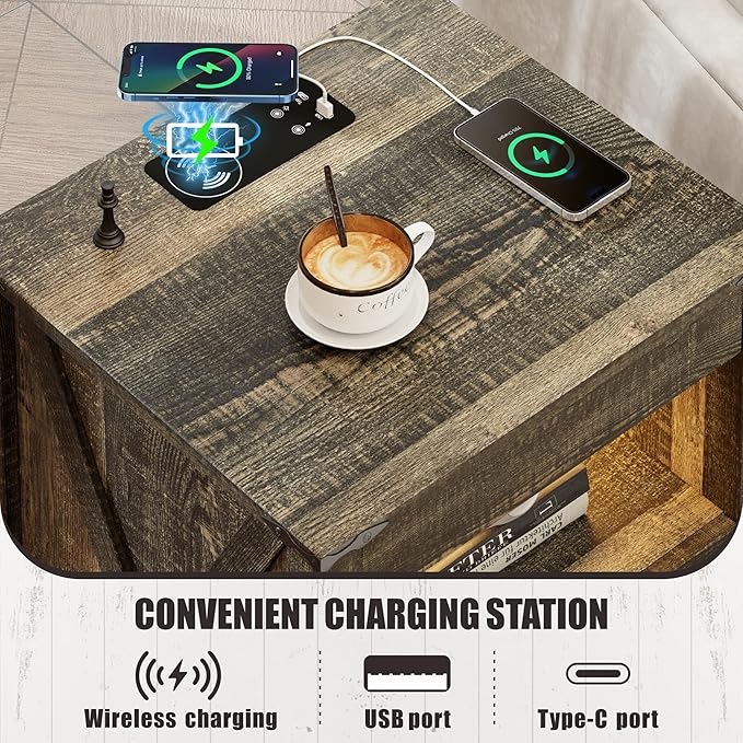 FREDEES Rustic Nightstand with Gun Drawer, End Table with Charging Station
