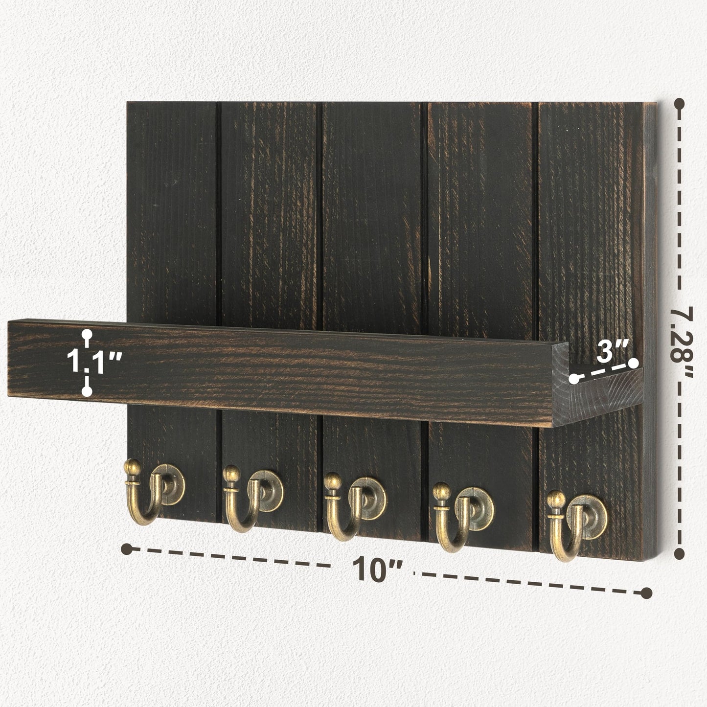 Rebee Vision Pine Wood Key Holder Wall Mount with Floating Shelf – Farmhouse Key Holder for Wall to Maximize Storage Solutions – Mail Organizer for Office Decor (3.54" x 10" x 7.28", Distressed Black)