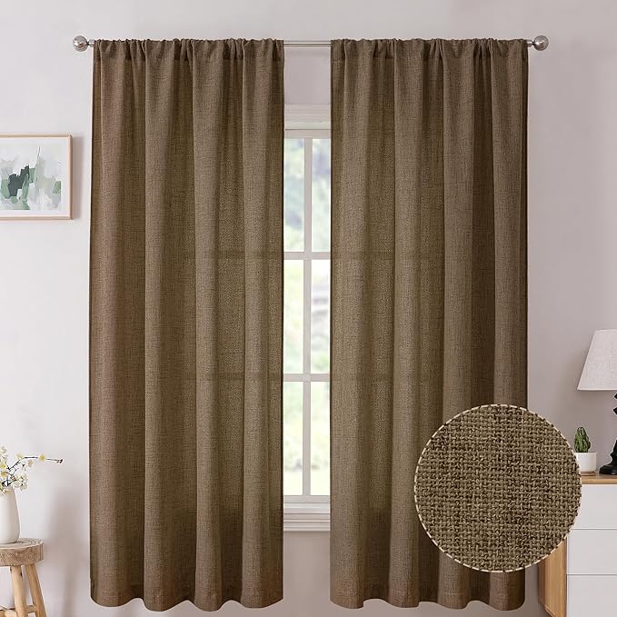 Tollpiz Linen Curtains Living Room Rod Pocket Semi Sheer Curtain Burlap Light Filtering Thick Linen Drapes for Bedroom, 38 x 63 inches Long, Brown, Set of 2 Panels