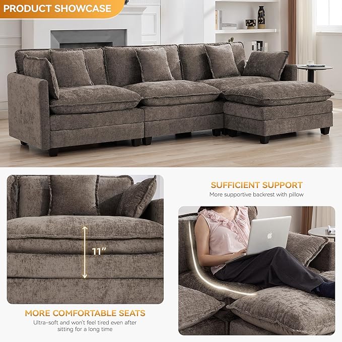 111'' Sectional Cloud Deep Seat Couch, Modern Comfy Chenille L Shaped Sectional