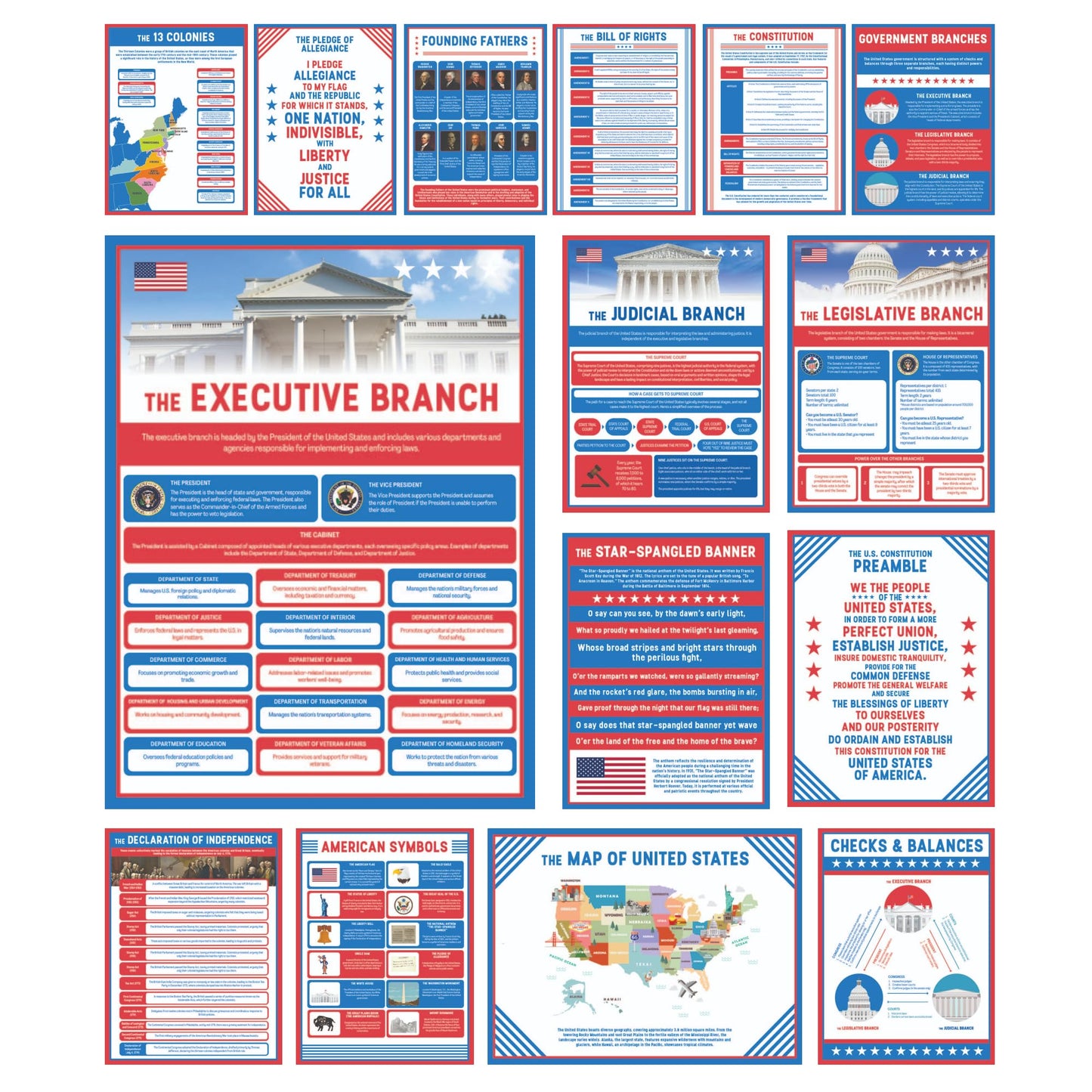 Wallbuddy US Government Educational Classroom Posters Set of 15 | Unframed Government Structure Civics & History Decor | American Teacher Must Have Classroom Essentials High School (12x16)