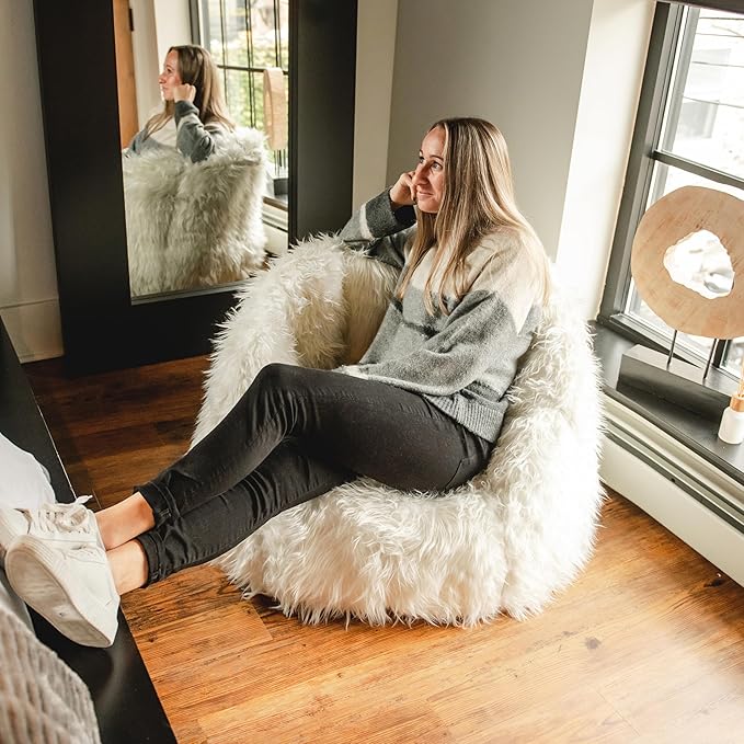 Big Joe Milano Bean Bag Chair, Ivory Shag Fur, Soft Faux Fur, 2.5 feet