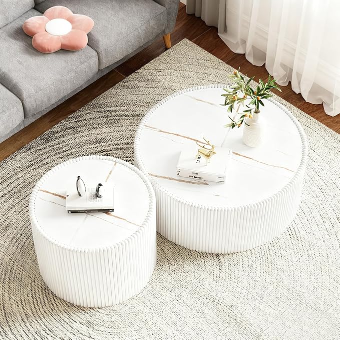 White Marble Coffee Table Set of 2, 29.52" Round Flued Coffee Table and End