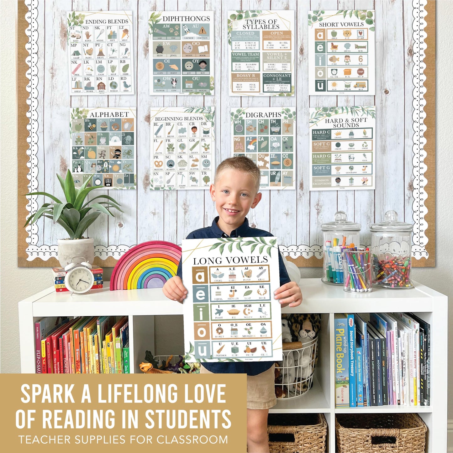 Hadley Designs Phonics Posters for Classroom Must Haves - 9 Sound Wall for Kindergarten & Elementary Teacher Supplies, Syllable, Vowels, Digraphs & Blends Bulletin Board Set, Greenery Classrom Decor