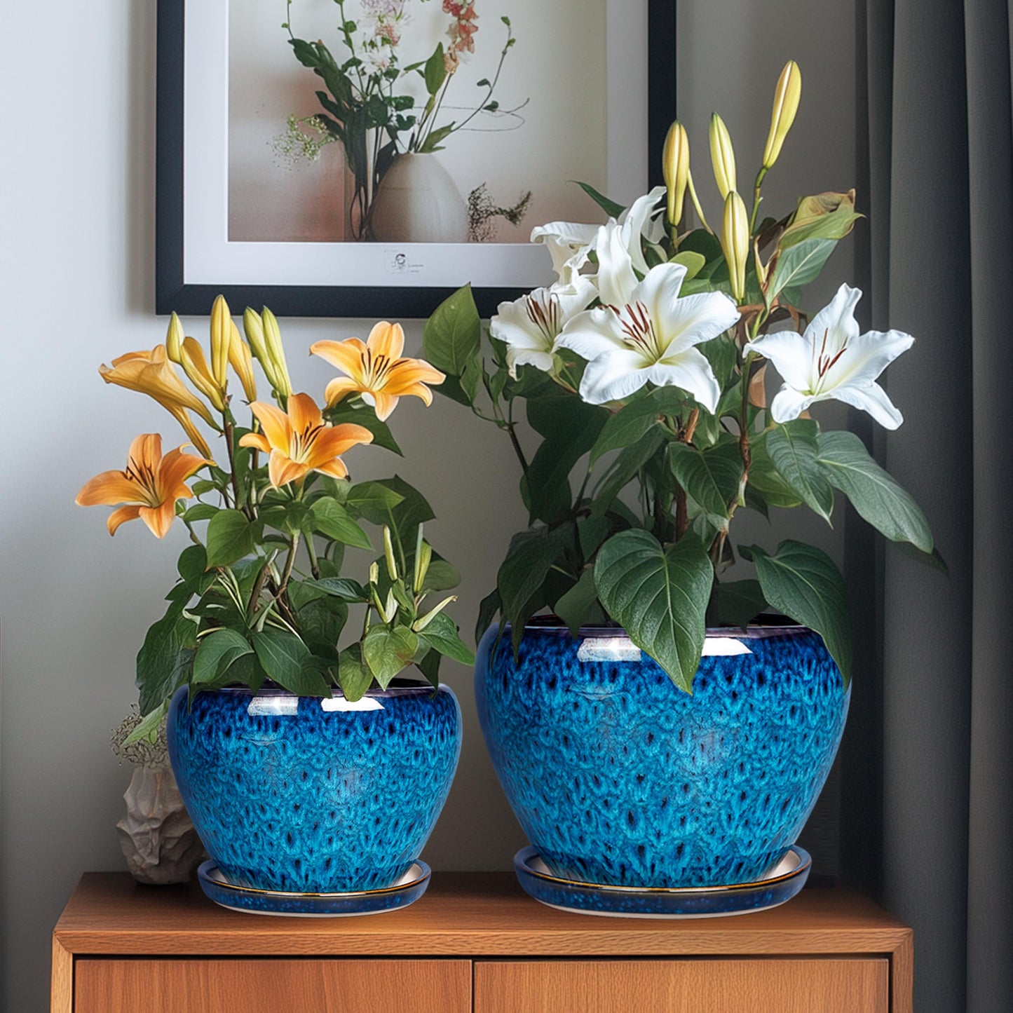 EPFamily Ceramic Plant Pots Indoor, 10 Inch 8 Inch 6 Inch Round Planters Pots for Indoor Outdoor Plants, Modern Large Flower Pots with Drainage Holes and Saucers, Set of 3, Blue