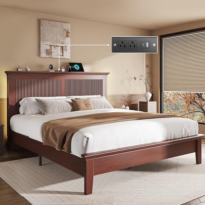 Lifezone Queen Bed Frame with Headboard, Solid Wood Bed Frame Queen Size with