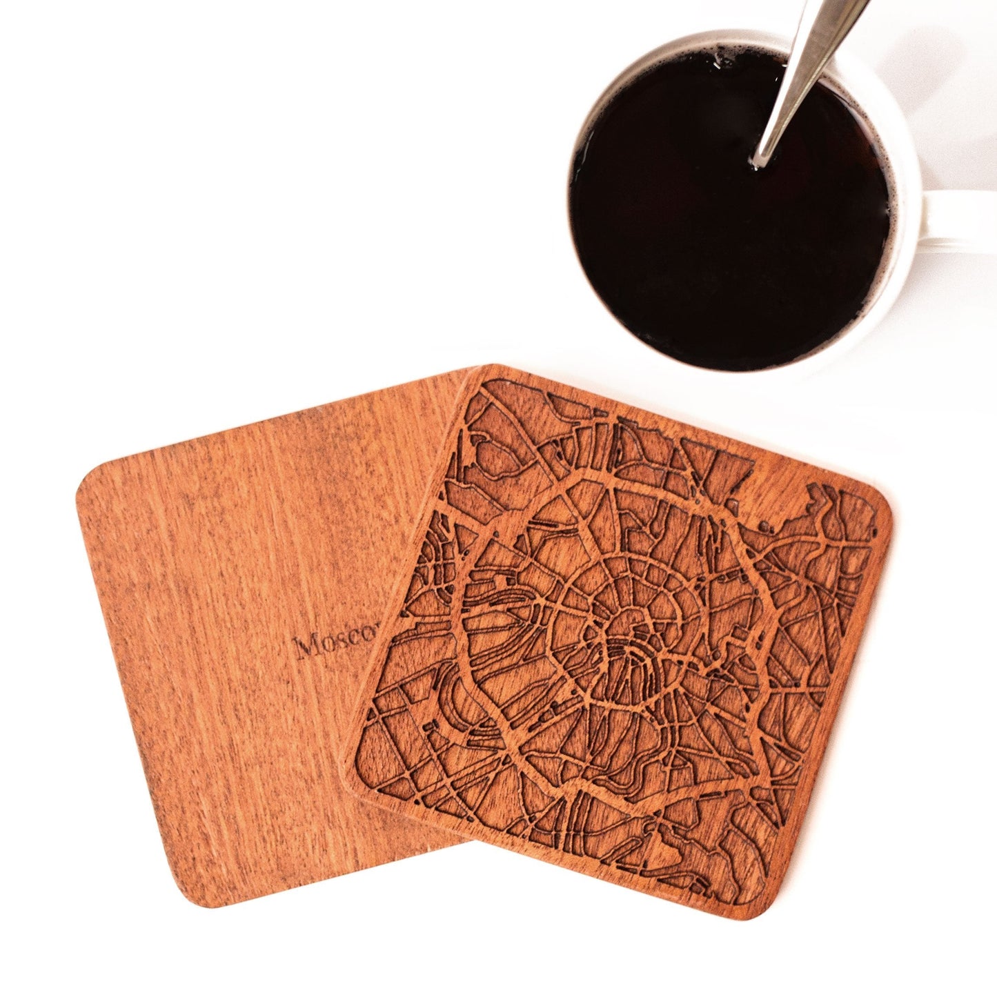 Moscow Map Coaster by O3 Design Studio, Set Of 4, Sapele Wooden Coaster With City Map, Handmade