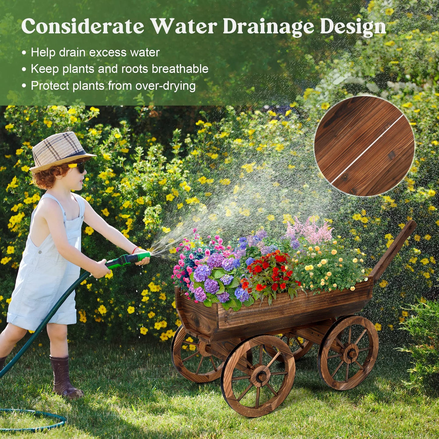 OIPRTGFJ Wood Wagon Planter for Outdoor Balcony Decor - Garden Rustic Wooden Flower Cart with Wheels for Outside Garden Decor Wheelbarrow Planter for Patio