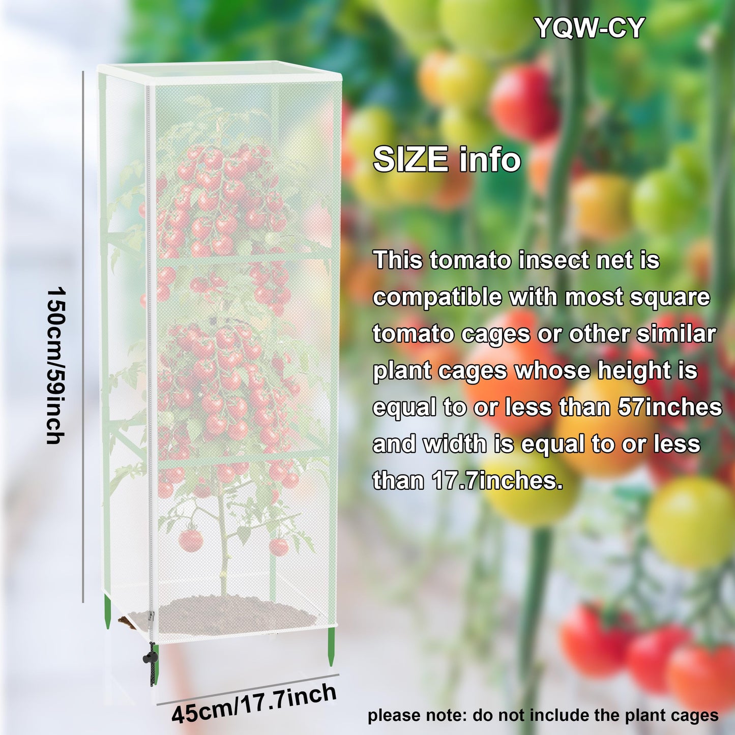 Garden Bird Netting Plant Cover for Square Tomato Cage, 59" x 17.7" Insect Barrier Tomato Cage Net with Zipper and Drawstring, Tomato Trellis Netting Protection Cover for Protecting Plant (3 Pack)