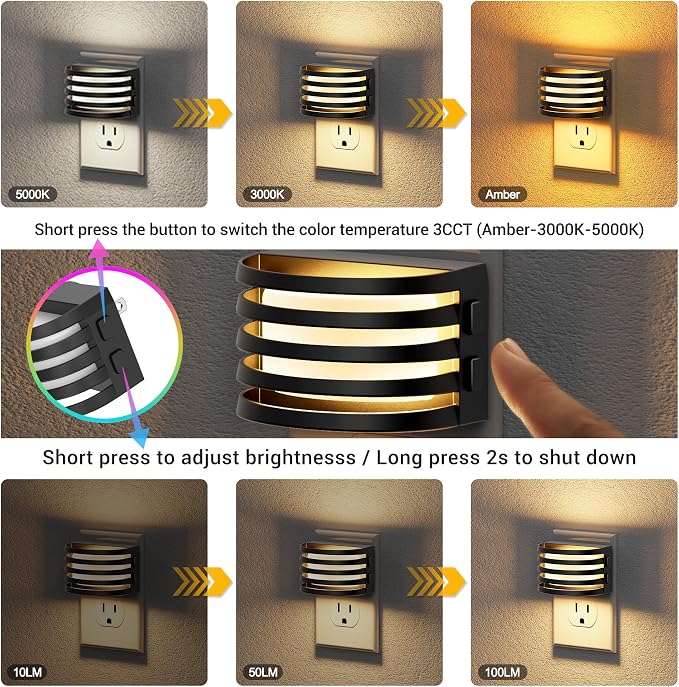 JandCase LED Night Lights Plug into Wall, [2 Pack] Night Light with 3 Colors 3000K-5000K-Amber, 3 Level Brightness Adjustable Plug in Night Light, Dusk to Dawn Nightligts for Adults Bedroom Bathroom
