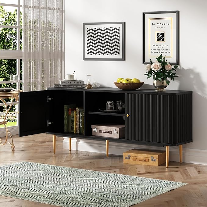 ARTPOWER 55” Fluted TV Stand, Mid Century Modern Black TV Stand