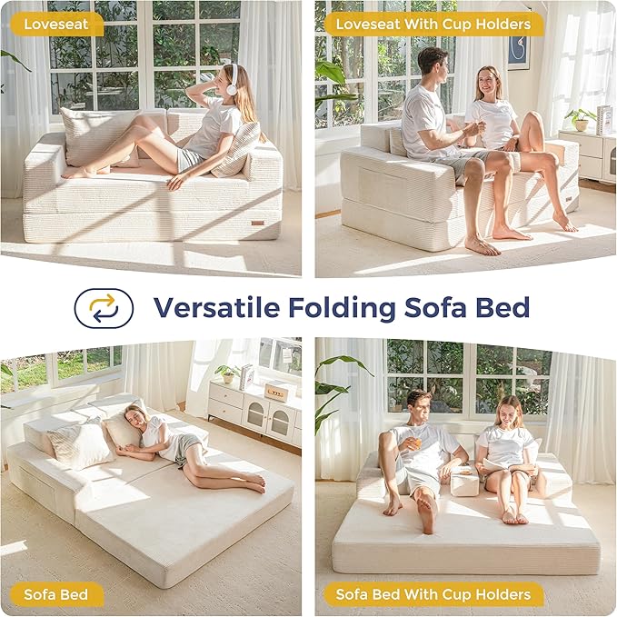 MAXYOYO Loveseat Sofa Bed, 4 in 1 Convertible Boneless Couch Folding Recliner