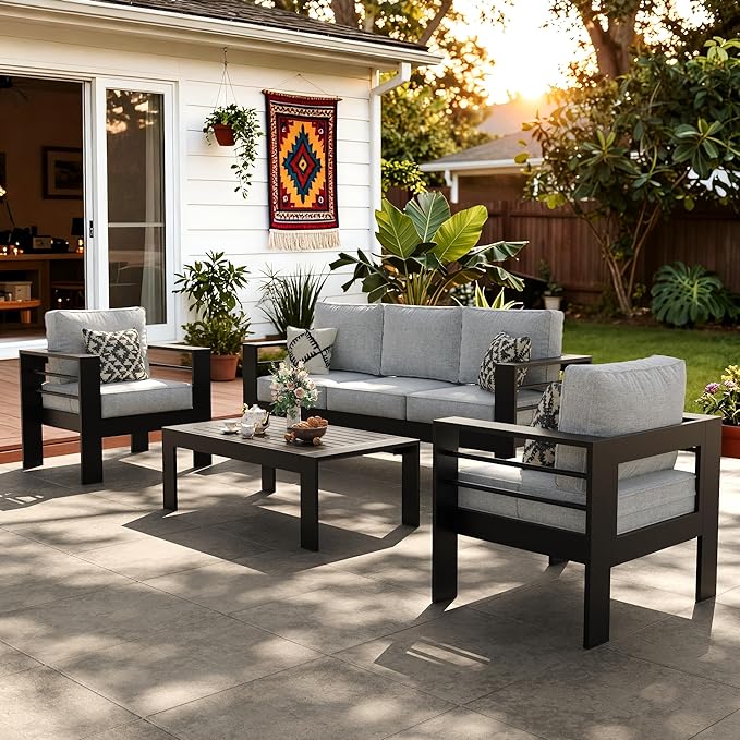 LayinSun Outdoor Aluminum Furniture Set, 4 Pieces Patio Sectional Conversation