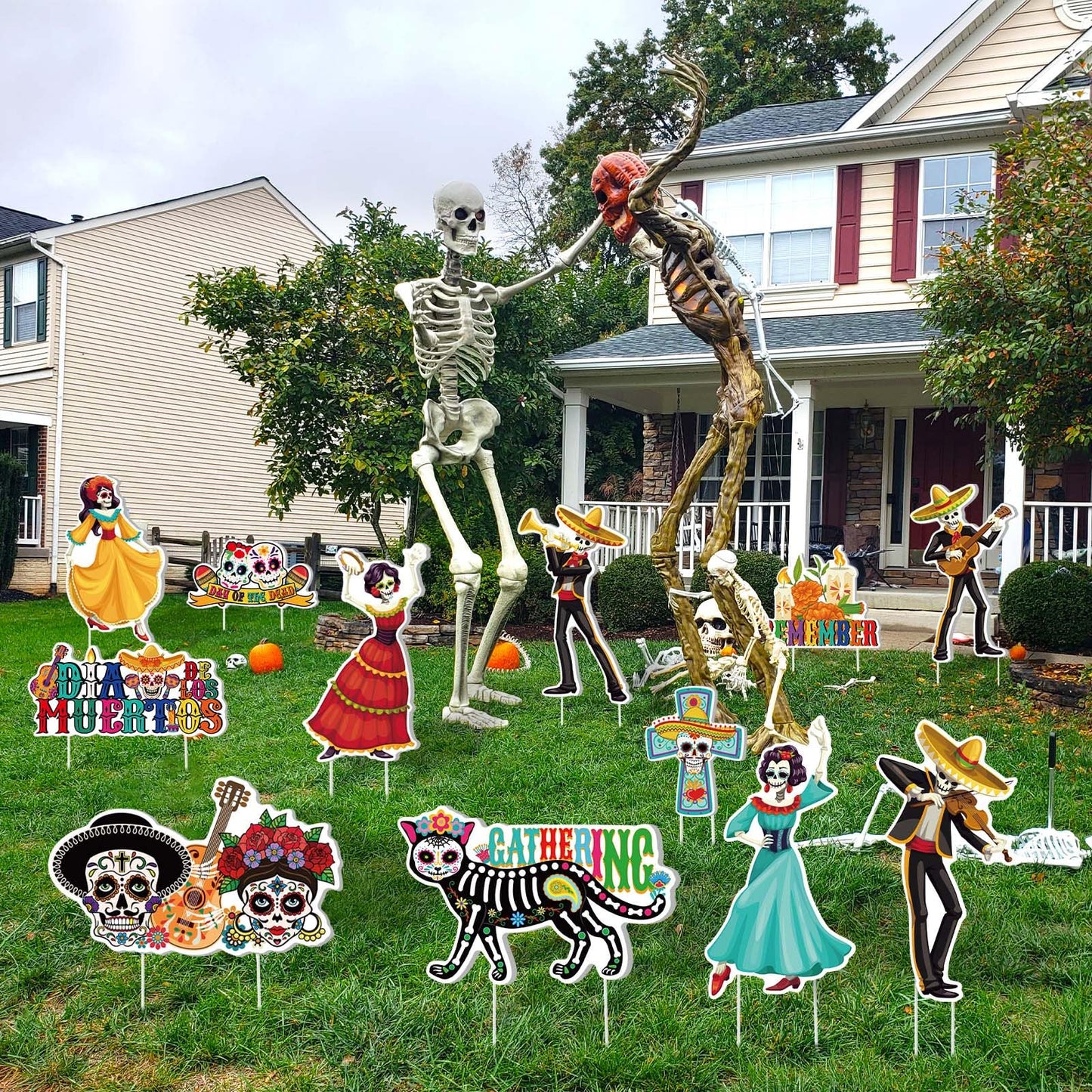 Amyhill 12 Pcs Day of the Dead Yard Decorations Halloween Outdoor Signs Decorations Dia De Los Muertos Decor Sugar Skull Sign Waterproof Mexican Fiesta Festival Party Supplies for Garden Lawn Patio