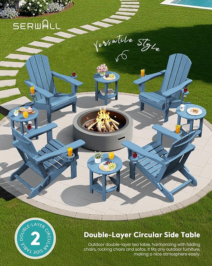 SERWALL Round Outdoor Side Table, HDPE Small Adirondack End Table, 2-Tier Patio