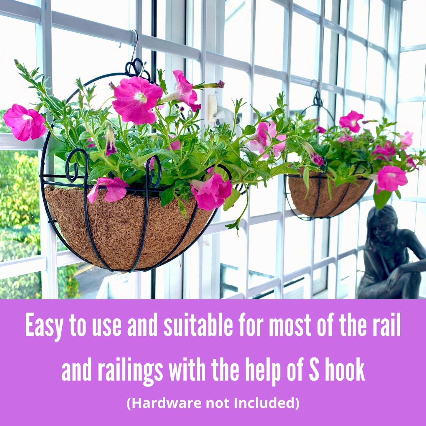 Shoplala Wall Hanging Planter for Outdoor (2 Pack, 10 Inch) Black Metal Hanging Flower Basket for Plants, Wall Planters with Coco Liner Indoor Wall Mounted Plant Holder Outside Balcony Fence Rail Deck