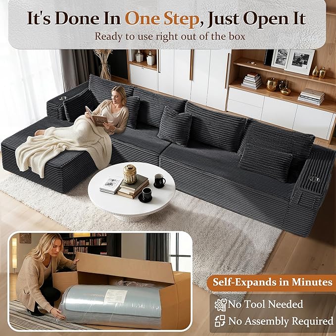 138" Oversized Cloud Sectional Couch, Comfort L Shaped Boneless Couch