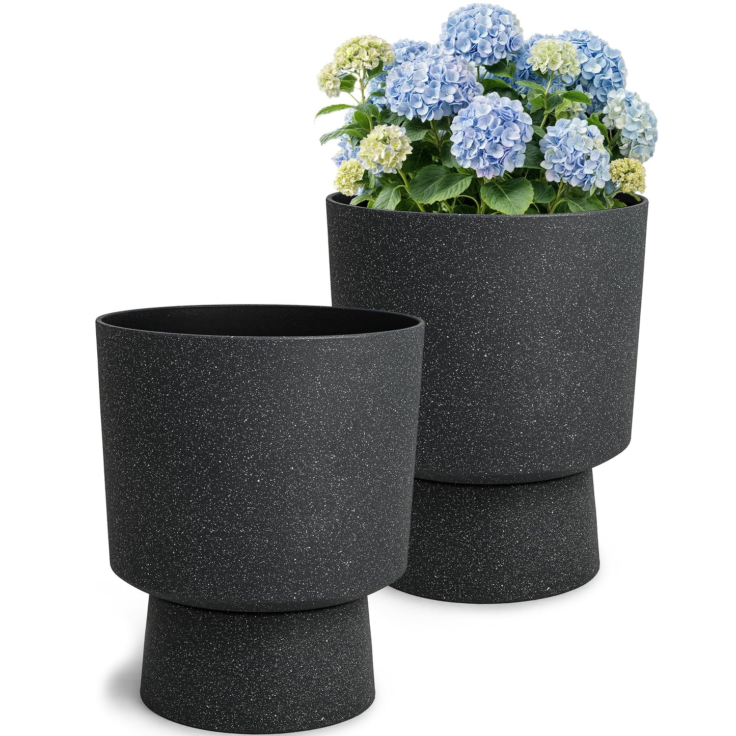 Autodaya 16.8" Modern Pedestal Planters Set of 2, Large Plastic Flower Pots with Terrazzo Finish, Drainage Hole & Weather Resistance for Indoor/Outdoor Garden Patio Balcony Decor