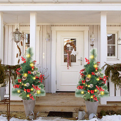 FORUP Set of 2 30 Inch Pre-Lit Pathway Christmas Trees Urn Filler, Outdoor Christmas Tree Decorations for Porch, Driveway, Yard, Garden, with 60 LED Lights, Red Berries, Pine Cones, Red Ball Ornaments
