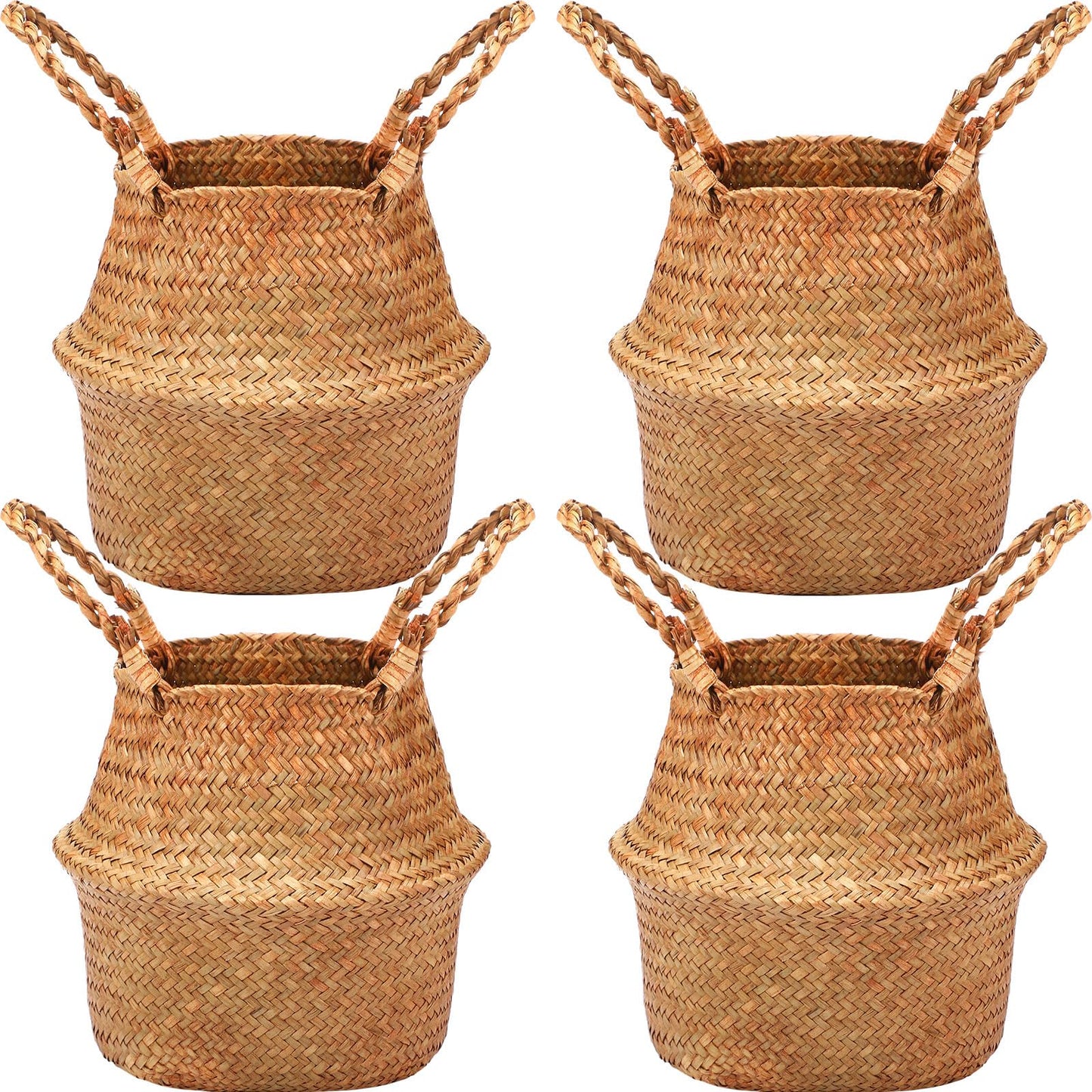 Qunclay 4 Pcs Woven Seagrass Baskets Belly Basket Folding Boho Natural Plant Pot with Handles Round Decorative Wicker Large Indoor Planter for Home Outdoor Tree Planters Decor (S,8.7''dx7.9''h)
