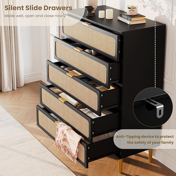 GarveeHome Rattan 5 Drawer Dressers