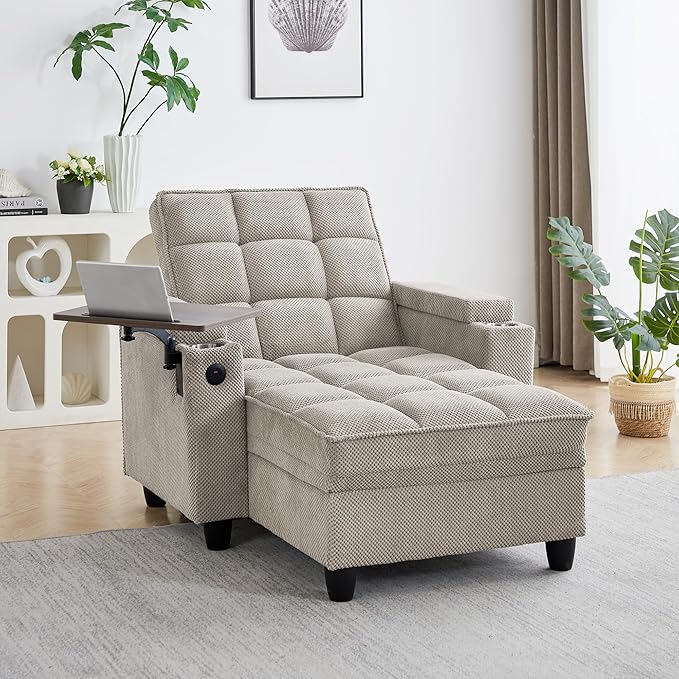 Oversized Recliner Chair with Swivel Tray Table, Modern Tufted Linen Fabric