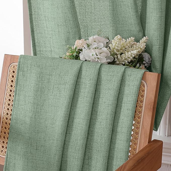 Tollpiz Short Linen Curtain Living Room Rod Pocket Semi Sheer Curtains Burlap Light Filtering Thick Linen Drape for Bedroom, 54 x 45 inches Long, Sage Green, Set of 2 Panels