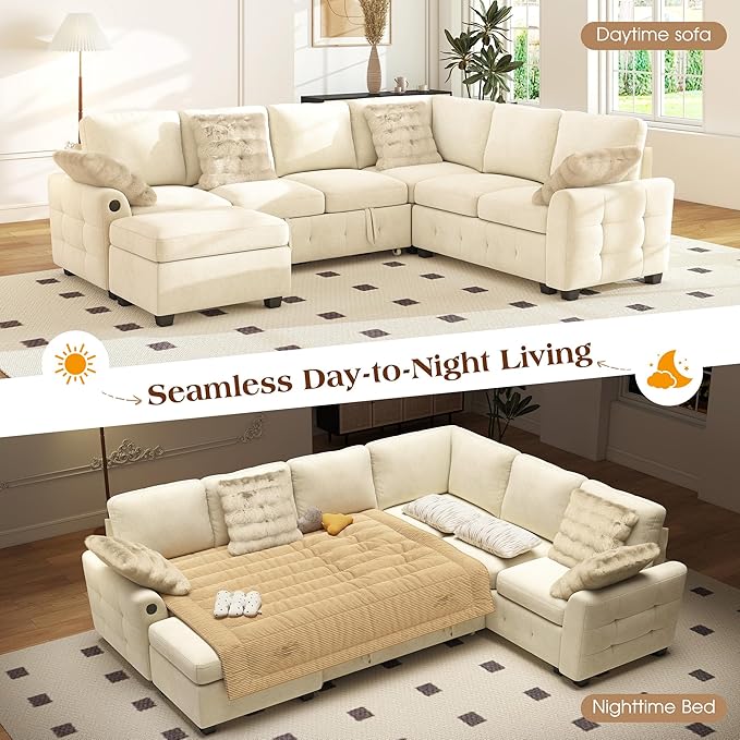Ihanherry 106-inch Large L-Shaped Sectional Sofa Bed, 7-Seater Convertible Pull