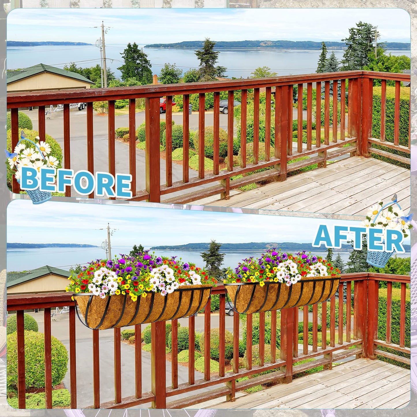 Tessco for you 6 Pieces Railing Planter Boxes, 30 Inches Window Box Planters with Coco Liner and Adjustable Brackets for Deck Porch Fence Patio Balcony Gardening Outdoor Plants