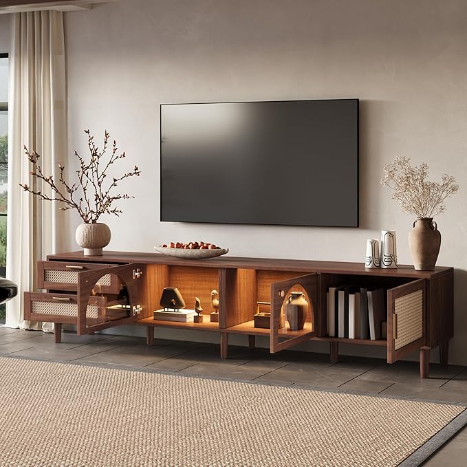 Merax Rattan TV Stand with LED Lights, Solid Wood Feet, Living Room, Bedroom