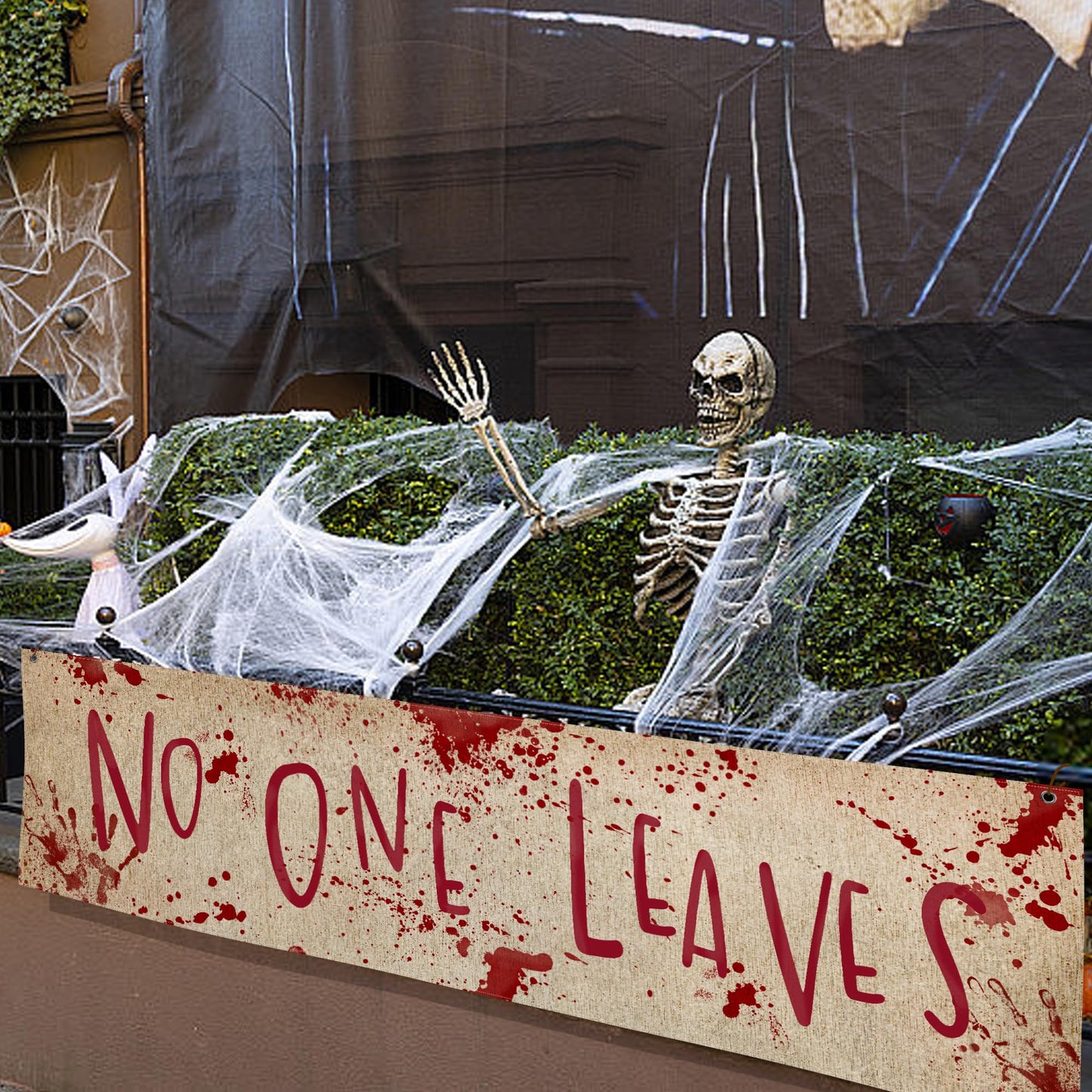Watayo 71" x 20" Halloween Bloody Banner Yard Sign- Burlap Horror No One Leaves Banner- Scary Halloween Banner Backdrop Decoration for Haunted House Yard Outdoor Fence Garden Parties Decor