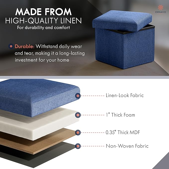 Ornavo Home Small Storage Ottoman Foldable Collapsible Cube Square Linen