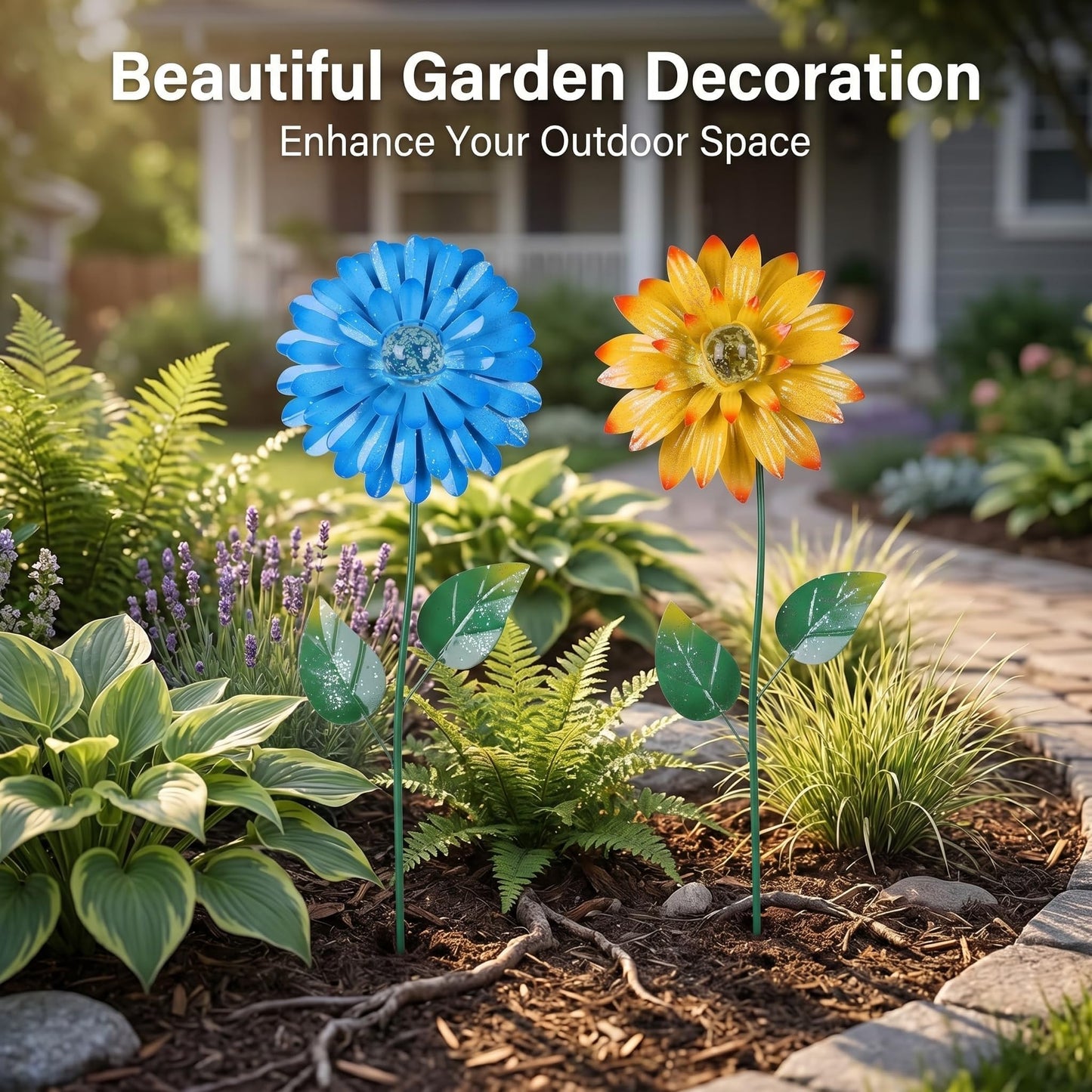 Topadorn Set of 2 Glow-in-the-Dark Flower Garden Stakes, 25" Metal Plant Picks with Shaking Heads, Weatherproof Yard Pathway Decor