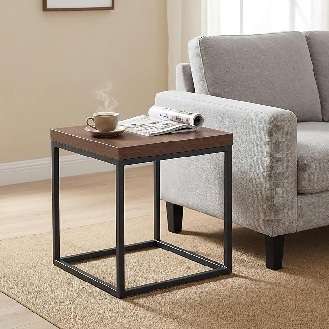CENSI Modern Square End Table, Extra Thick 1.6" Wood Top & Metal Frame