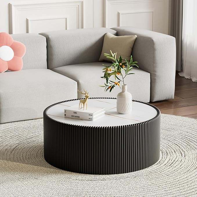 SSLine Round Drum Coffee Table Set of 2 Modern Sintered Stone Top Nesting