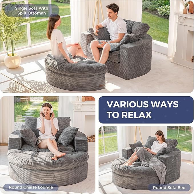 MAXYOYO Oversized Round Chaise Lounge Sofa, Upholstered Lounge Chair