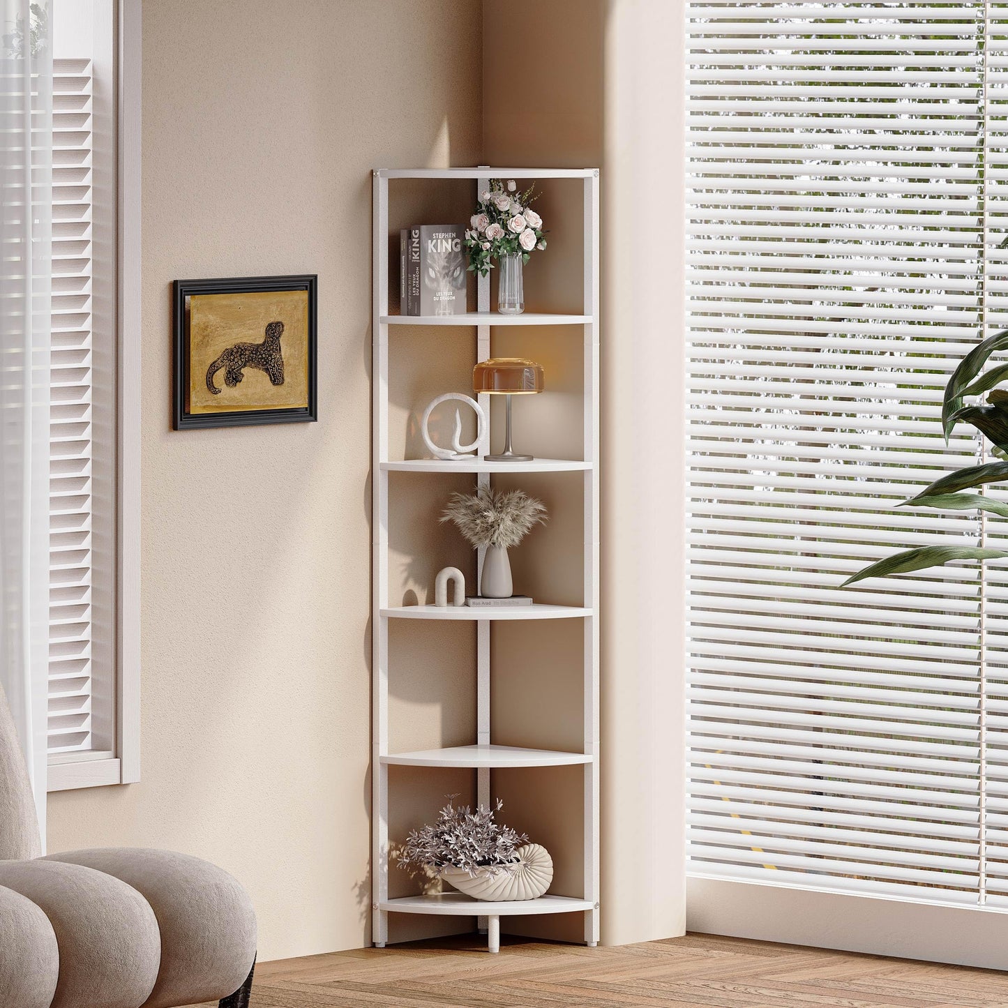 IRCPEN 6 Tier Corner Shelf 63.1" Tall Corner Shelves Stand Ladder Shelf Metal Standing Bookshelf Organizer Display Rack Bookcase Plant Stand Industrial Rustic for Living Room Bedroom White CS-001W1