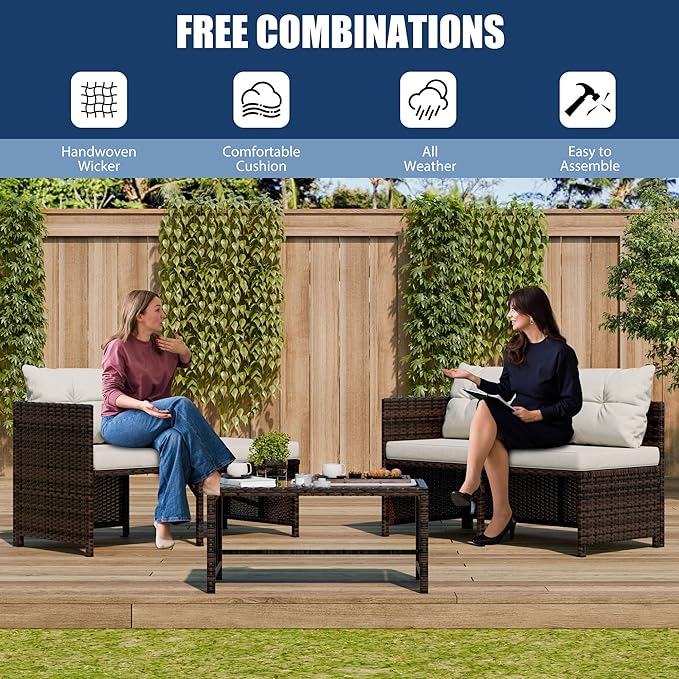 Vongrasig 3 Piece Patio Furniture Sets, All-Weather PE Wicker Outdoor Sofa