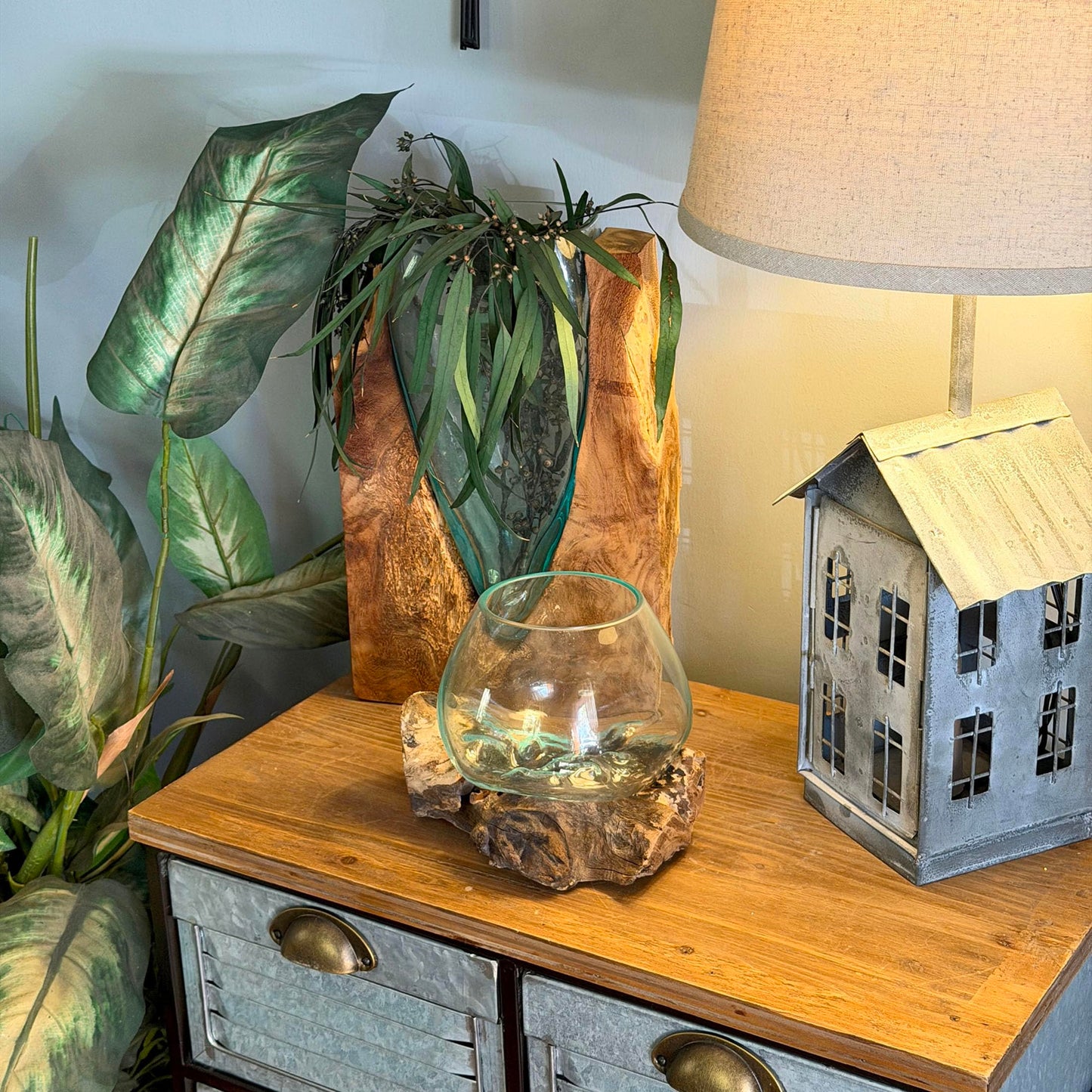 Zeckos Planter Terrarium with Molten Glass Bowl on Driftwood Base, Coastal Wood and Glass Tabletop Planter, 7.5 X 7 X 6 Inch Freestanding Indoor Accent for Succulents or Air Plants