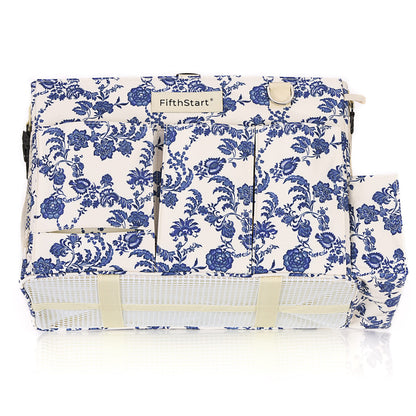 FifthStart Multiuse Large Blue Floral Diaper Caddy with Waist, Shoulder Strap, 9 Pockets, Mesh Base, and Adjustable Compartments