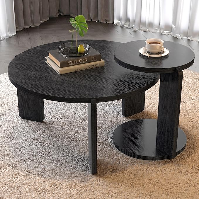 GDFStudio Round Nesting Coffee Table Set of 2, Modern Wooden Accent Side Table