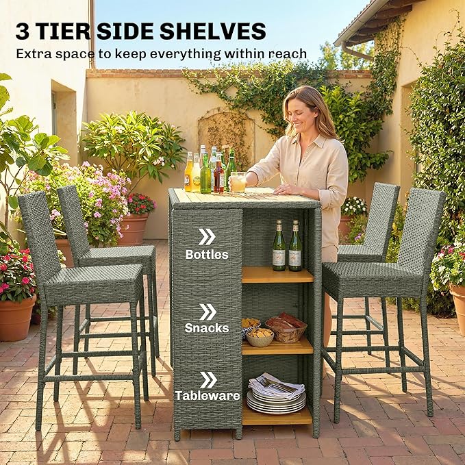 Outsunny 5 Piece Outdoor Bar Set, Wicker Outdoor High Top Table and Chairs