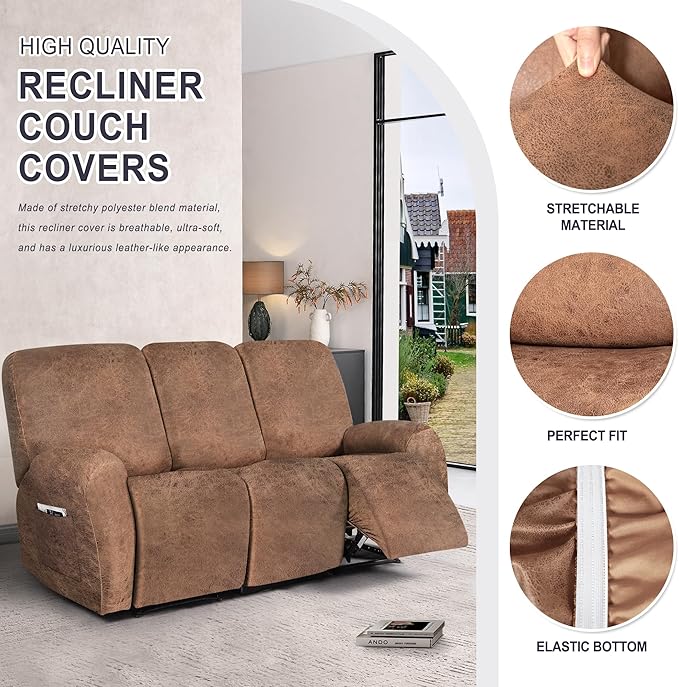 ANARACHON Leather Look Recliner Couch Cover, 8-Pieces Stretch Recliner Sofa