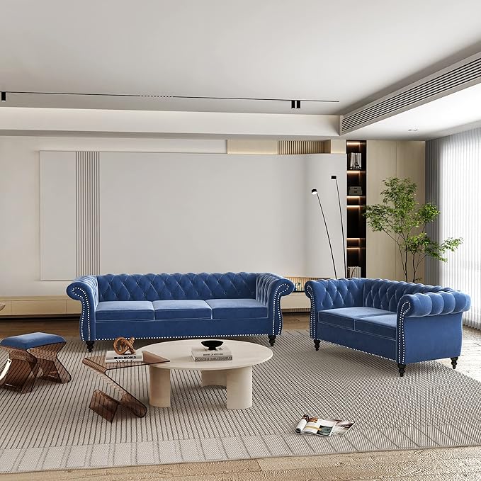 ORRD 2 Pieces Living Room Set, Velvet Couch Chesterfield Sofa Loveseat