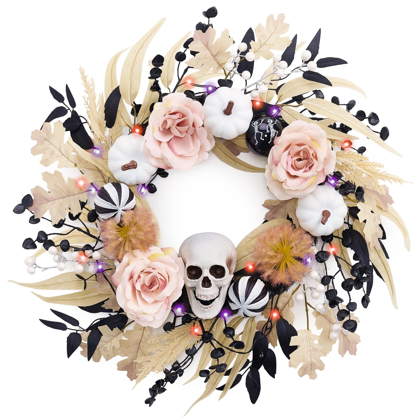 Valery Madelyn 18 Inch Halloween Wreath for Front Door with Lights, Pre-Lit Fall White Pumpkin Skull Wreath Pink Roses Halloween Decorations for Home Porch Table Centerpiece Party Holiday Autumn Decor