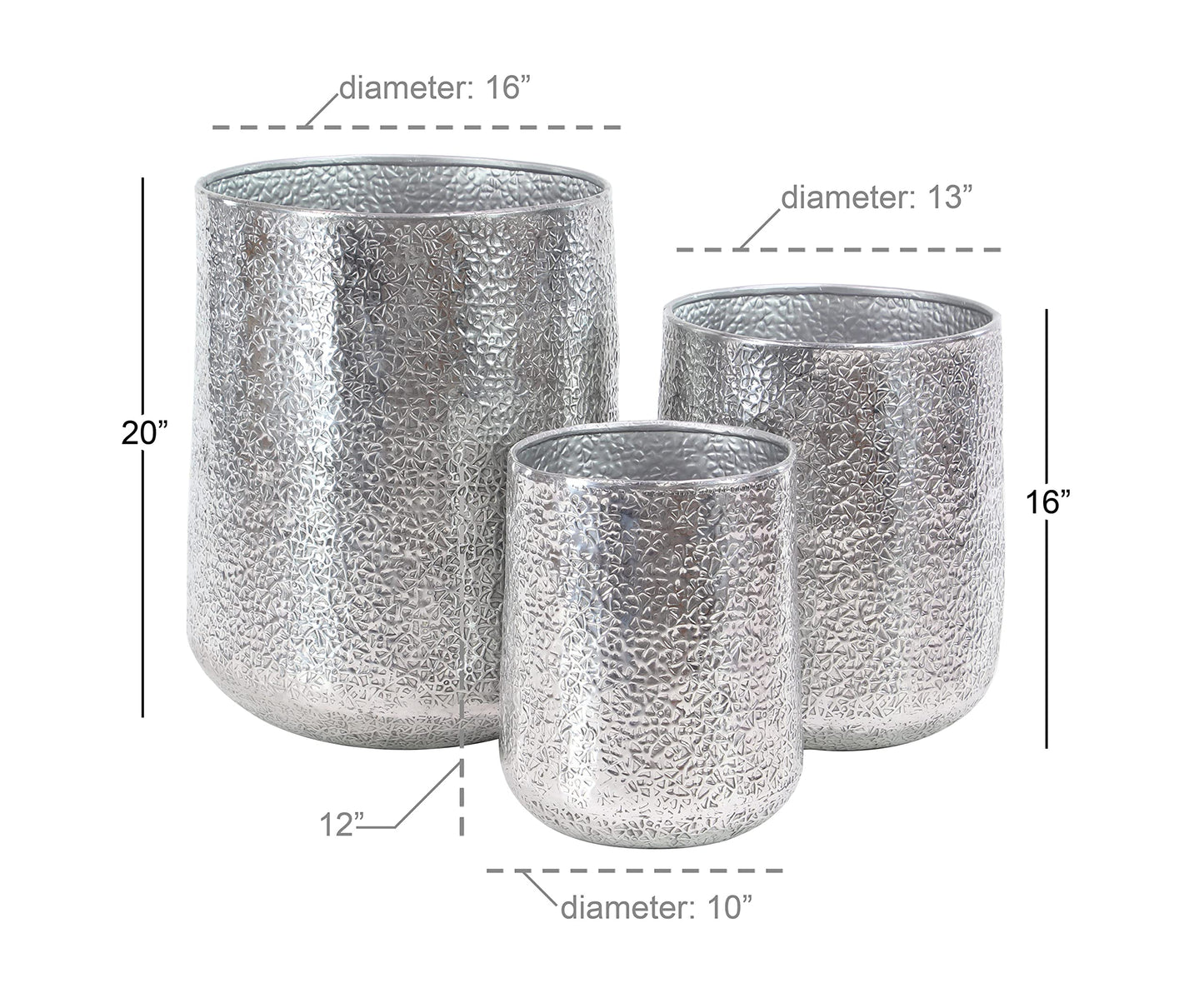 Deco 79 Aluminum Metal Indoor Outdoor Planter Large Planter Pot with Hammered Design, Set of 3 Planters 12", 16", 20"H, Silver