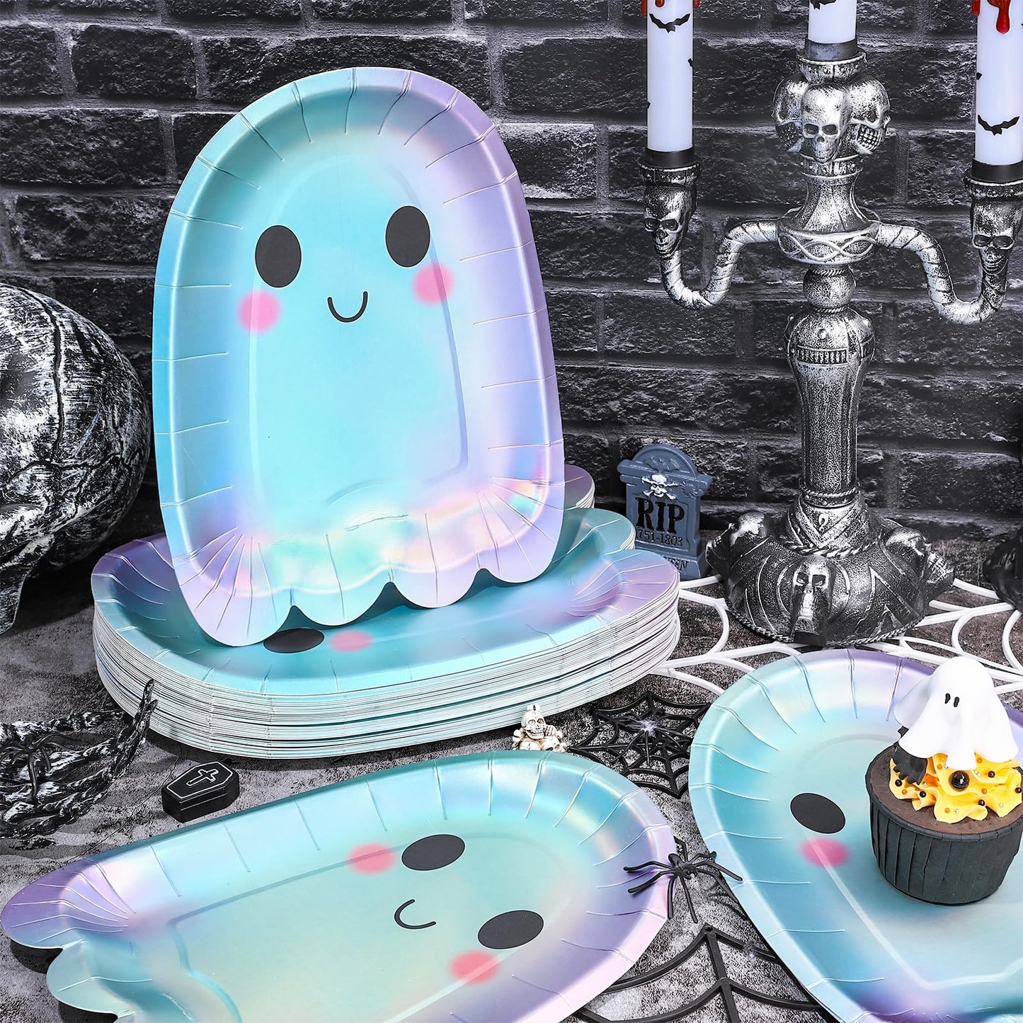 Whaline 40 Pcs Halloween Ghost Paper Plates Iridescent Cute Boo Disposable Plates Foil Ghost Halloween Party Tableware for Birthday Baby Shower Table Decor Supplies